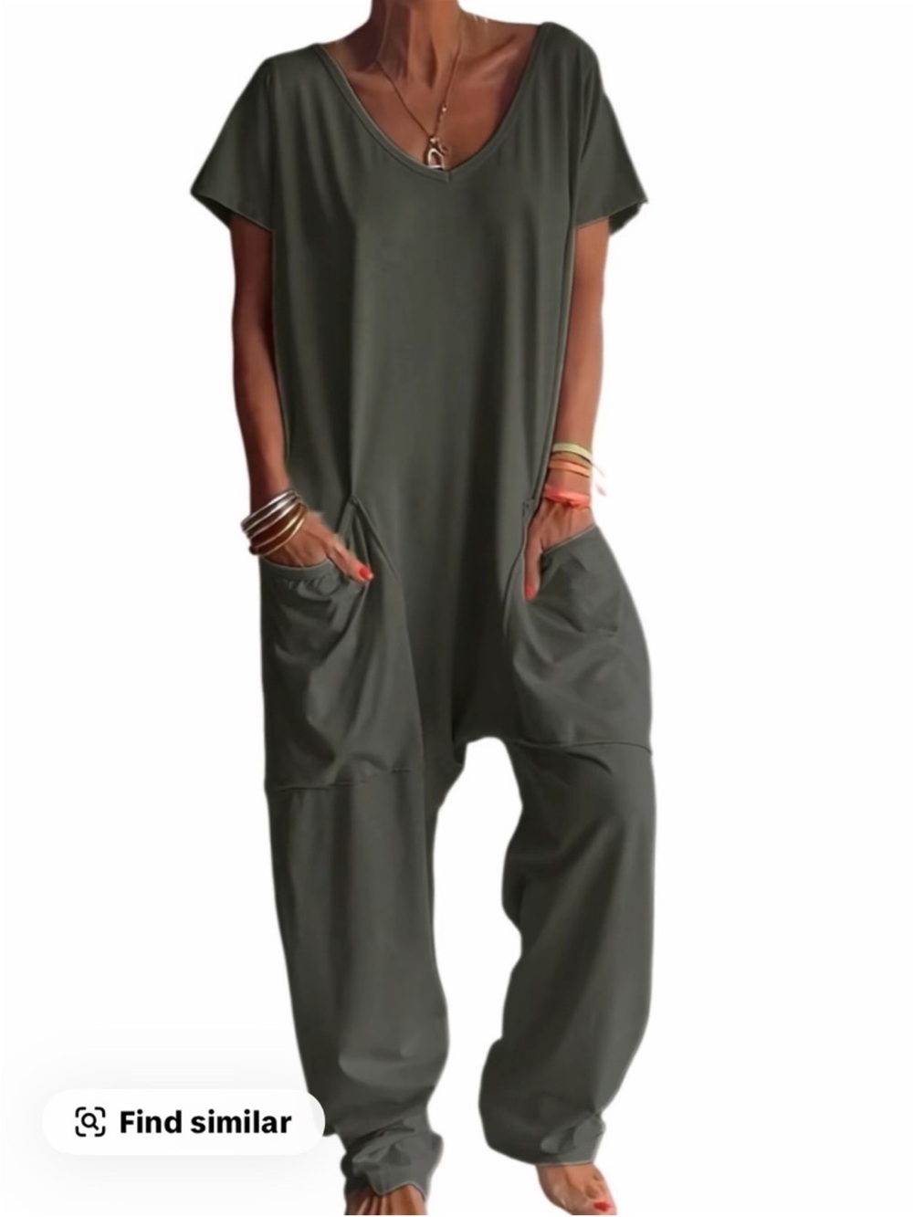 Women’s large charcoal grey Casual V-Neck Jumpsuit with Pockets